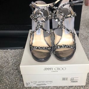 Jimmy Choo embellished open toe mesh sandal.